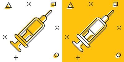 Syringe icon in comic style. Coronavirus vaccine inject cartoon vector illustration on isolated background. Covid-19 vaccination splash effect sign business concept.