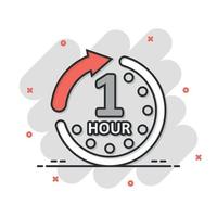 1 hour clock icon in comic style. Timer countdown cartoon vector illustration on isolated background. Time measure splash effect sign business concept.