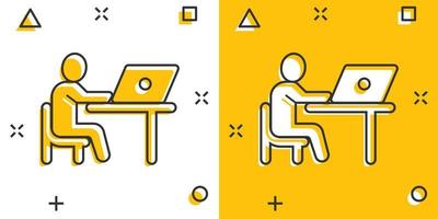 People with laptop computer icon in comic style. Pc user cartoon vector illustration on white isolated background. Office manager splash effect business concept.