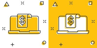 icono de gráfico de computadora portátil en estilo cómico. ilustración de vector de dibujos animados de diagrama de dinero sobre fondo blanco aislado. concepto de negocio de efecto de salpicadura de proceso financiero.