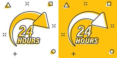 24 hours service icon in comic style. All day business and service cartoon vector illustration on isolated background. Quick service time splash effect sign business concept.