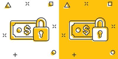 billete de dólar con icono de candado en estilo cómico. ilustración vectorial de dibujos animados seguros en efectivo en dólares sobre fondo blanco aislado. concepto de negocio de efecto de salpicadura de seguridad de billete de banco. vector