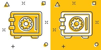 icono de dinero seguro en estilo cómico. Ilustración de vector de dibujos animados de caja fuerte sobre fondo blanco aislado. concepto de negocio de efecto de salpicadura de seguridad financiera.