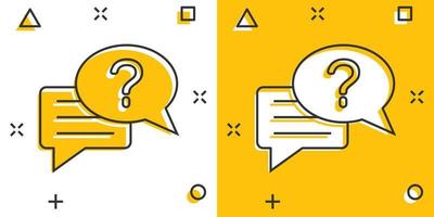 Question mark icon in comic style. Discussion speech bubble cartoon vector illustration on white isolated background. Faq splash effect business concept.