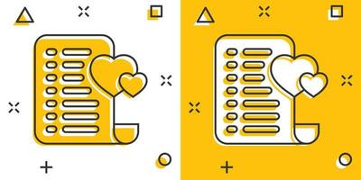 Wishlist icon in comic style. Like document cartoon vector illustration on white isolated background. Favorite list splash effect business concept.