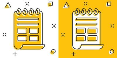 icono de nota de documento en estilo cómico. ilustración de vector de dibujos animados de hoja de papel sobre fondo blanco. concepto de negocio de efecto de salpicadura de documento de bloc de notas.