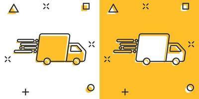 Shipping fast icon in comic style. Delivery truck cartoon vector illustration on isolated background. Express logistic splash effect sign business concept.