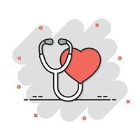 icono de estetoscopio en estilo cómico. ilustración de vector de dibujos animados de diagnóstico de corazón sobre fondo aislado. concepto de negocio de signo de efecto de salpicadura de medicina.