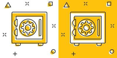 icono de dinero seguro en estilo cómico. Ilustración de vector de dibujos animados de caja fuerte sobre fondo blanco aislado. concepto de negocio de efecto de salpicadura de seguridad financiera.