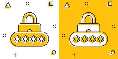 Login icon in comic style. Password access cartoon vector illustration on white isolated background. Padlock entry splash effect business concept.