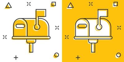 icono de buzón en estilo cómico. ilustración de vector de dibujos animados de buzón de correos sobre fondo blanco aislado. concepto de negocio de efecto de salpicadura de sobre de correo electrónico.