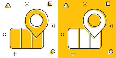 Map with magnifier icon in comic style. Gps navigation cartoon vector illustration on white isolated background. Locate position splash effect business concept.