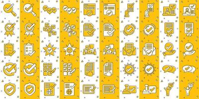 Approve icon set in comic style. Check mark cartoon vector illustration on white isolated background. Tick accepted splash effect business concept.