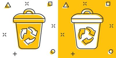 icono de cubo de basura en estilo cómico. reciclar ilustración vectorial de dibujos animados sobre fondo blanco aislado. Concepto de negocio de signo de efecto de salpicadura de cesta de basura. vector