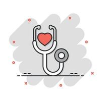 icono de estetoscopio en estilo cómico. ilustración de vector de dibujos animados de diagnóstico de corazón sobre fondo aislado. concepto de negocio de signo de efecto de salpicadura de medicina.