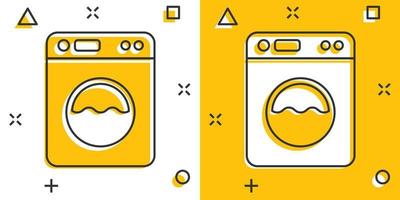 Washing machine icon in comic style. Washer cartoon vector illustration on white isolated background. Laundry splash effect business concept.