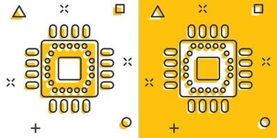 Computer cpu icon in comic style. Circuit board cartoon vector illustration on white isolated background. Motherboard chip splash effect business concept.