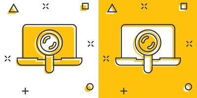 icono de búsqueda de computadora en estilo cómico. portátil con lupa ilustración vectorial de dibujos animados sobre fondo blanco aislado. concepto de negocio de efecto de salpicadura de pantalla de dispositivo. vector