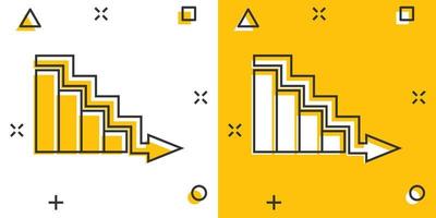 icono de tendencia del mercado en estilo cómico. Flecha de declive con ilustración de vector de dibujos animados de lupa sobre fondo blanco aislado. disminuir el concepto de negocio de efecto de salpicadura.