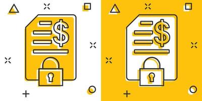 Financial statement icon in comic style. Document with lock cartoon vector illustration on white isolated background. Report splash effect business concept.