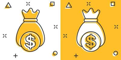 icono de bolsa de dinero en estilo cómico. Ilustración de vector de dibujos animados de bolsa de dinero sobre fondo aislado. signo de efecto de salpicadura de saco de monedas concepto de negocio.