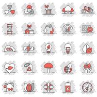 Eco environment icons set in comic style. Ecology cartoon vector illustration on white isolated background. Bio emblem splash effect sign business concept.