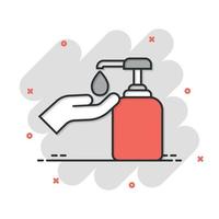 Hand sanitizer icon in comic style. Antiseptic bottle cartoon vector illustration on isolated background. Disinfect gel splash effect sign business concept.