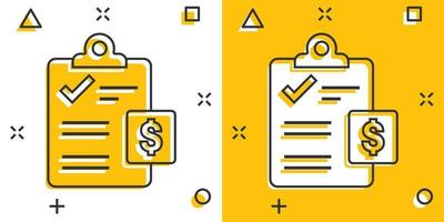 icono de lista de verificación de documentos en estilo cómico. informar ilustración vectorial de dibujos animados sobre fondo blanco aislado. concepto de negocio de efecto de salpicadura de hoja de papel. vector