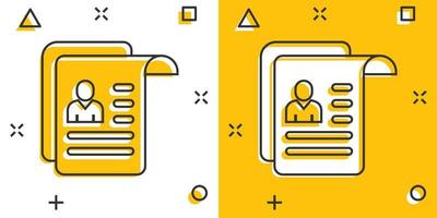 Resume icon in comic style. Contract document cartoon vector illustration on white isolated background. Paper notepad splash effect business concept.