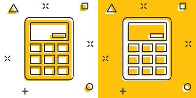 Calculator icon in comic style. Calculate cartoon vector illustration on white isolated background. Calculation splash effect business concept.