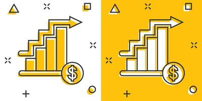 icono de tendencia del mercado en estilo cómico. flecha de crecimiento con ilustración de vector de dibujos animados de lupa sobre fondo blanco aislado. aumentar el concepto de negocio de efecto de salpicadura.