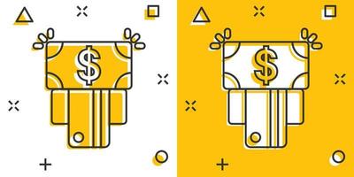 icono de cajero automático de dinero en estilo cómico. intercambiar ilustración vectorial de dibujos animados en efectivo sobre fondo blanco aislado. concepto de negocio de efecto de salpicadura de billete de banco. vector