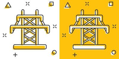 Electric tower icon in comic style. Power station cartoon vector illustration on white isolated background. High voltage splash effect sign business concept.