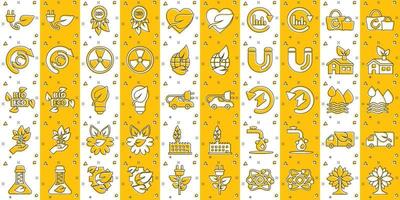 Eco environment icons set in comic style. Ecology cartoon vector illustration on white isolated background. Bio emblem splash effect sign business concept.