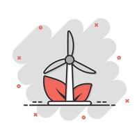 icono de energía ecológica en estilo cómico. ilustración de vector de dibujos animados de planta de energía eólica de hoja sobre fondo blanco aislado. concepto de negocio de signo de efecto de salpicadura de electricista.