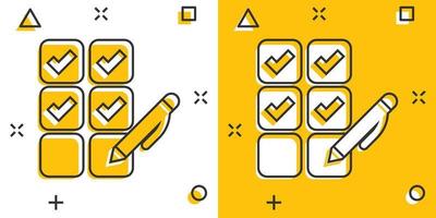 icono de documento de lista de verificación en estilo cómico. encuesta ilustración vectorial de dibujos animados sobre fondo blanco aislado. concepto de negocio de efecto de salpicadura de elección de marca de verificación. vector