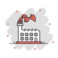 Factory ecology icon in comic style. Eco plant cartoon vector illustration on white isolated background. Nature industry splash effect business concept.