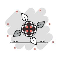 Planet and leaf icon in comic style. World and eco cartoon vector illustration on white isolated background. Globe and organic splash effect business concept.