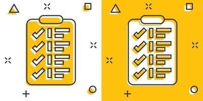 To do list icon in comic style. Document checklist cartoon vector illustration on white isolated background. Notepad check mark splash effect business concept.