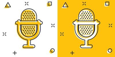 Microphone icon in comic style. Studio mike cartoon vector illustration on white isolated background. Audio record splash effect business concept.