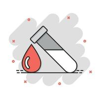 sangre en el icono del tubo de ensayo al estilo cómico. Ilustración de vector de dibujos animados de matraz de laboratorio sobre fondo aislado. líquido en el concepto de negocio de signo de efecto de salpicadura de vaso de precipitados.