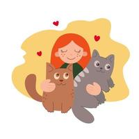 Respect Your Cat Day. Red-haired girl, hostess hugs her cartoon cats. Love to our pets. Vector illustration