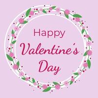 Happy Valentine's Day card on pink background. Words around the floral frame in the form of circle in a flat style. Vector illustration