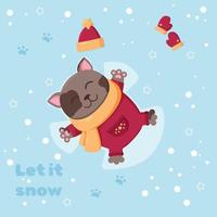 Winter vibe illustration. Cat in the snow. Happy snow angel. Winter card. Vector illustration in flat cartoon style