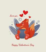Happy Valentine's Day, love, romantic card. Cute and happy cartoon orange fox with hot coffee around blue plants, hearts in Valentines Day. Vector illustration