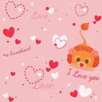 Happy Valentine's Day pattern, love pattern, romantic pattern, cute cartoon lion around the red and white hearts on the pink background. I love you, my Sweetheart. Vector illustration