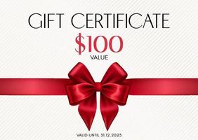 Elegant Gift Certificate with Silk Red Bow and Ribbon. Vector Illustration