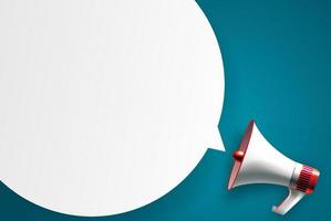 Megaphone with speech bubble on blue background. Vector Illustration