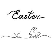 Line art rabbit and eggs with Easter lettering. Continuous line vector illustration. Black and white