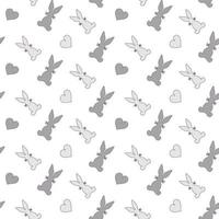 Seamless pattern with Rabbit and hearts. Gray vector illustration. Silhouette bunnys and hearts.